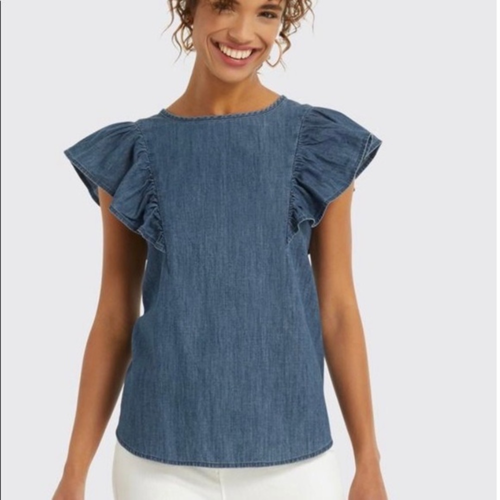 Draper James Blue Denim Ruffle Sleeve Top